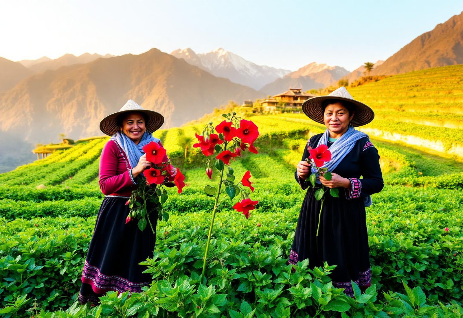 Himalayan farmers in a terraced roselle field