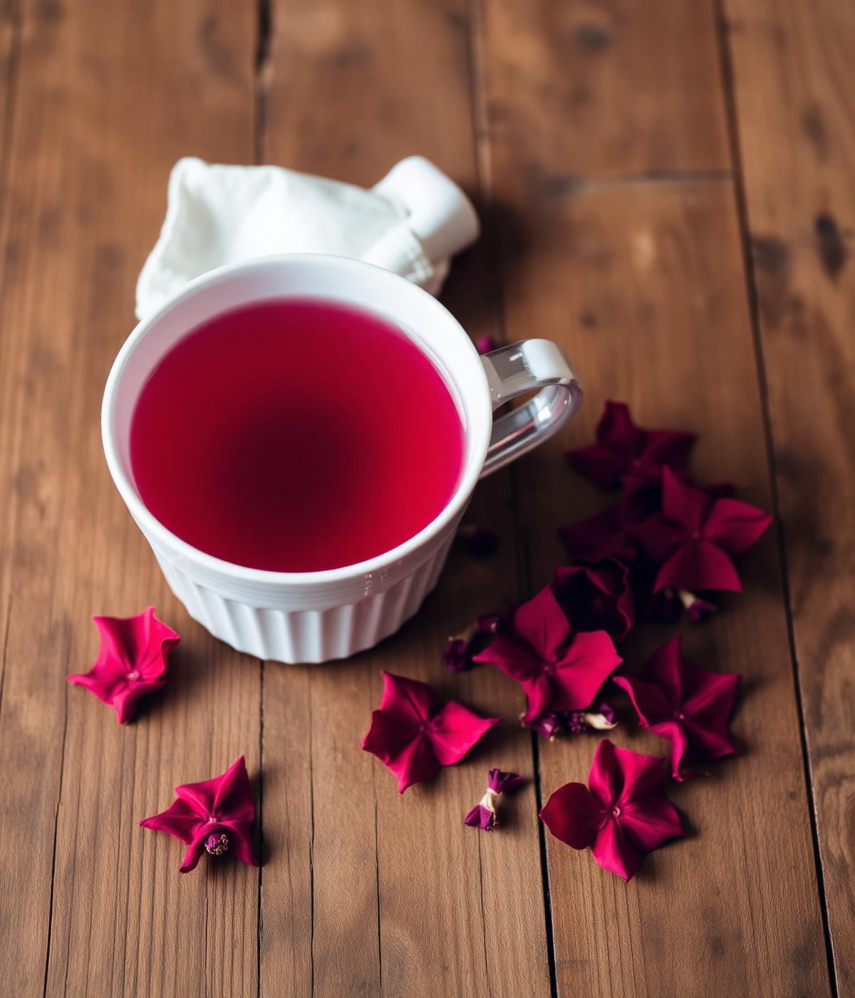 A cup of ruby-red Roselle tea with dried petals